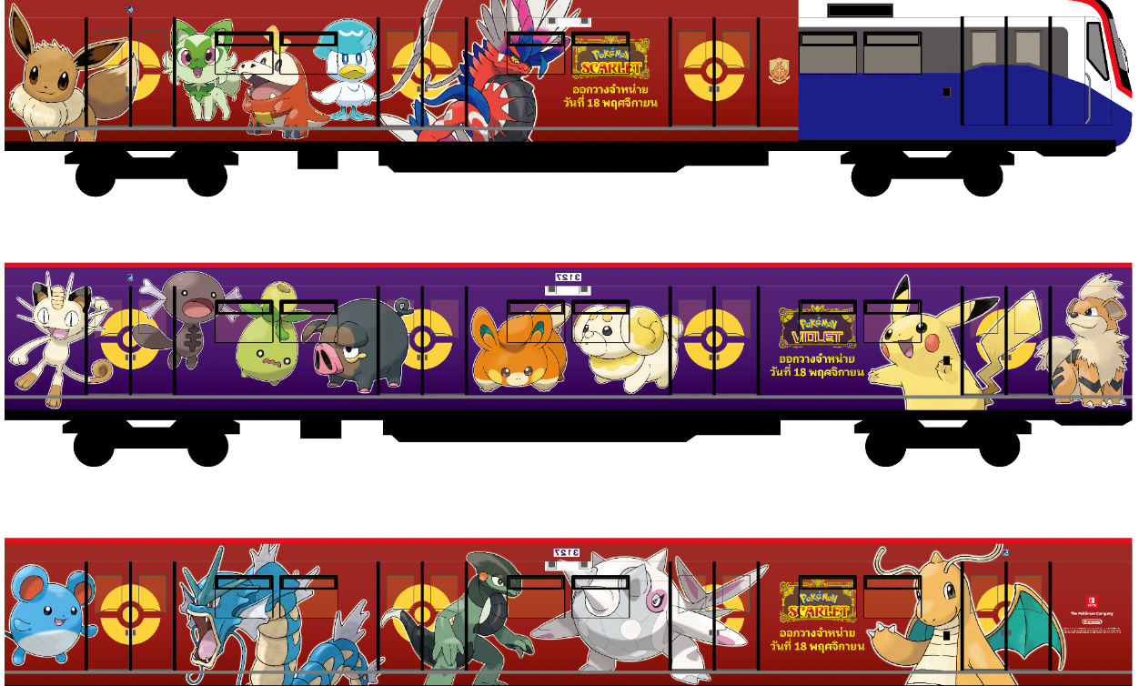 ขบวนรถไฟฟ้าแต่งลาย Pokémon Scarlet and Pokémon Violet เริ่มให้บริการบนรถไฟฟ้าบีทีเอส (BTS) แล้วตั้งแต่วันที่ 1 พ.ย.นี้