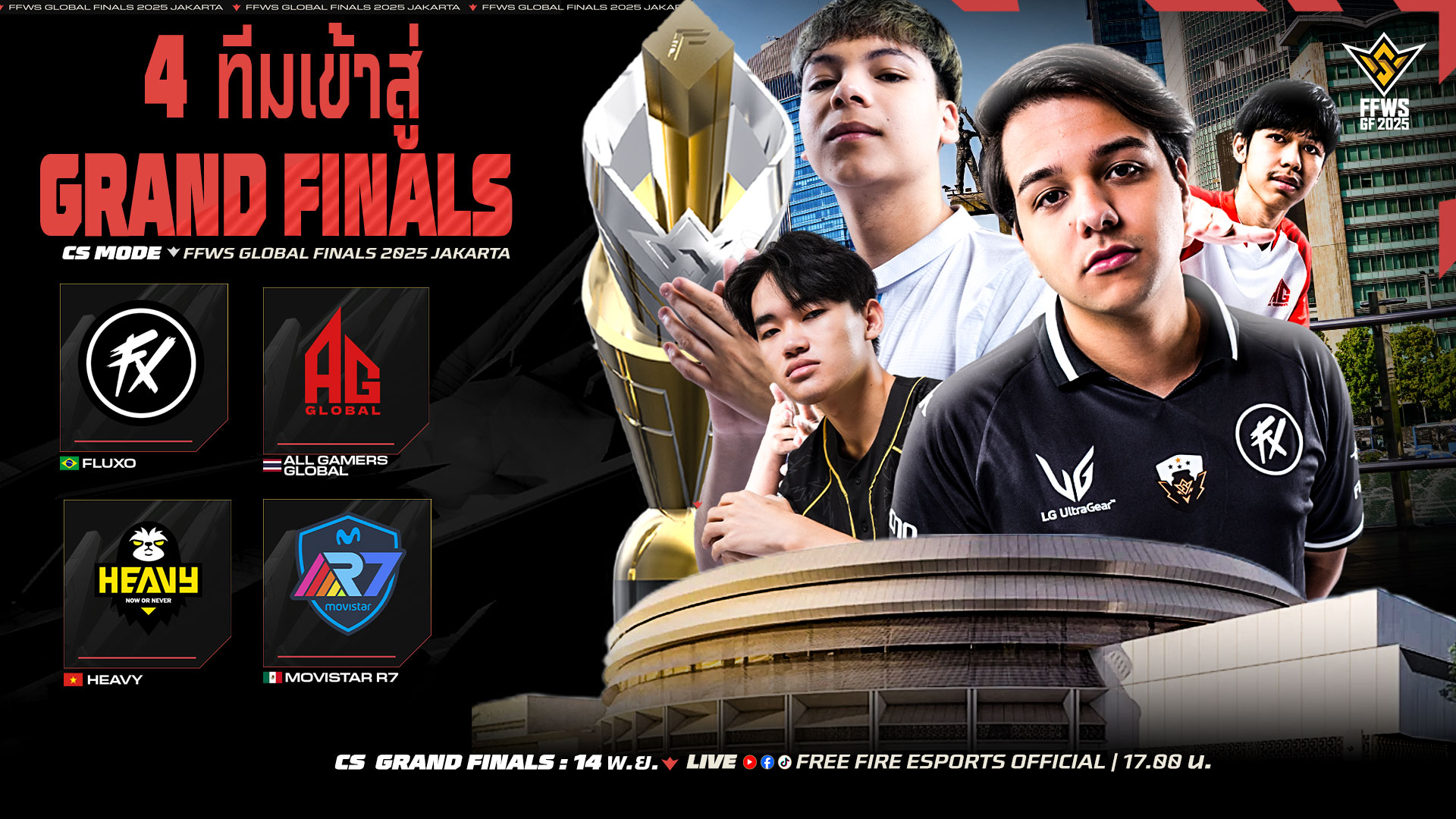 12 ทีมชิงบัลลังก์! ศึก Free Fire World Series Global Finals 2025  เตรียมปิดฉากสุดยิ่งใหญ่ที่กรุงจาการ์ตา สัปดาห์นี้!